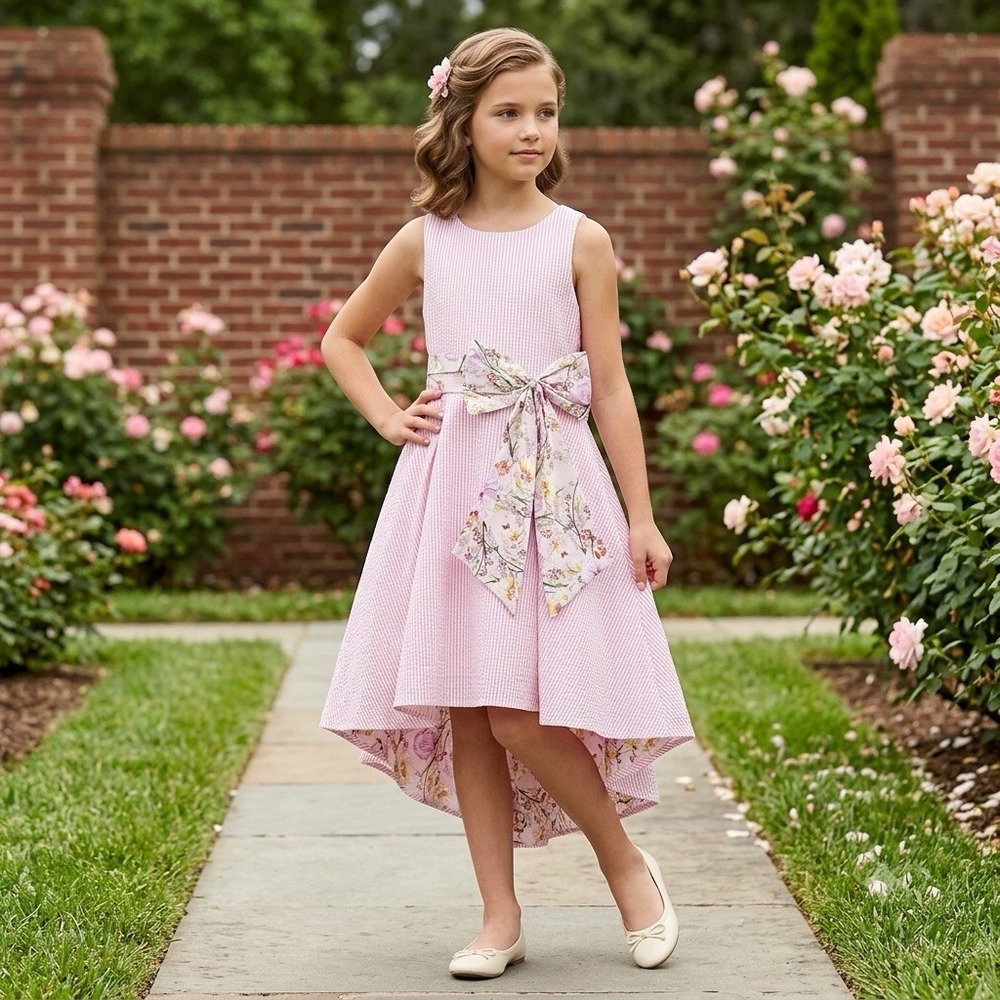 Rare Editions Girls 12 Pink Seersucker Floral Bow Hi-Low Hem Party Dress NWT